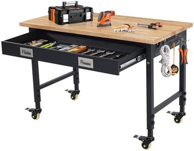 ACONEE 48" Adjustable Workbench, Heavy Duty Workstation 2000 LB Load Capacity, Rubber Wood Top Workstation with Drawer & 4 Rolling Casters, Power Outlets, Metal Frame, Workbench for Workshop Garage