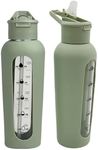 HENGFEI Glass Water Bottle with Straw, Borosilicate Glass Drink Bottle 700ml with Silicone Sleeve,Time and Measurement Markings, Light Army Green.