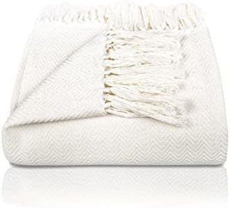 Gräfenstayn Premium Tagesdecke mit Fransen - 100% Baumwolle - 220 x 240 cm XXL - Fischgrätenmuster Sommerdecke - Baumwolldecke als Bett-Überwurf, Couch-Überwurf, Sofa-Decke (Creme)