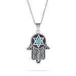 Bling Jewelry Hanukkah Judaic Magen Hamsa Hand of God Star of David Pendant Necklace Blue Cubic Zirconia CZ for Women Black Oxidized Silver Plated