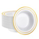 Goodluck 50 Pack Plastic Bowls with Gold Rim, 12oz Disposable Soup Bowls, Heavy Duty Dessert Bowls for Weddings, Parties, Dinners, Catering, and Everyday Use