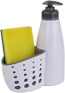 Countertop Soap Pump/Dispenser with Perforated Sponge Holder/Accessory Caddy, White - Sponge Included