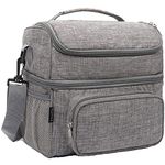 FlowFly Insulated Lunch Bag Adult Lunch Box Large Tote Double Layer Cooler for Men, Women, with Adjustable Strap,Front Pocket and Mesh Side Pockets,Grey