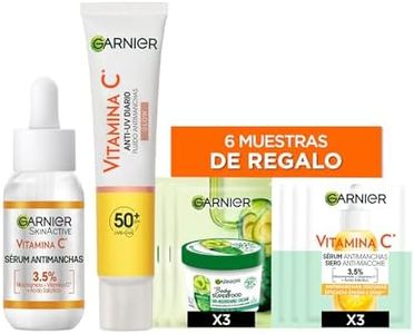 Garnier Vitamina C Pack rutina Antimanchas, Crema Fluida UV Diaria Iluminadora FPS50+ 50 ml, Garnier Sérum Anti Manchas con Vitamina C y Niacinamida 30 ml, Muestras Regalo