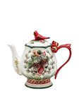 Fine Ceramic Hand Painted Cardinal and Evergreen Pine Cone Design with Red Ribbon Handle Teapot, 8-1/8" L