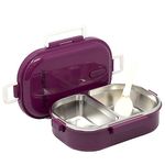 Signoraware Duo Star Stainless Steel Lunch Box for Kids Adults, PUF Insulation Keeps Food Warm, Food Grade Bpa Free, 2 Compartments with Locking Lid and Steam Valve, Spill Leak Proof (700ml Purple)