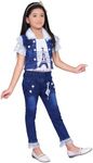 I Naina Dresses Girls Denim Embroidered Jacket & Jeans with Printed T-shirt(Blue, 2-3 Years)