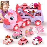 newcrave 7 in 1 Carrier Truck Cars for Girls, Toddler Princess Girl Toys Age 1-3 2-4, Unicorn Girl Toy Car with Light & Music, Pink Car Toys for 1 2 3 Year Old Girl Christmas Birthday Gifts for Girl