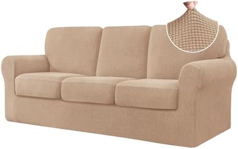 CHUN YI 7 Piece Stretch Sofa Cover, 3 Seater Couch Slipcover with Three Separate Backrests and Seat Cushions, Spandex Jacquard Fabric with Elastic Band (Large,Camel)
