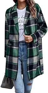 PRETTYGARDEN Women's 2024 Plaid Shacket Jacket Casual Button Wool Blend Winter Tartan Trench Coat With Pockets (Dark Green,X-Large)