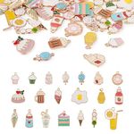 Craftdady 40pcs Food Theme Enamel Pendant 20 Styles Light Gold Plated Donut Lollipop Ice Cream Cup Cake Bubble Tea Milk Dangle Charm for Earring Bracelet Necklace Jewelry Making