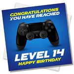 Punkcards 14th Birthday Card - Gamer Birthday Card - Congratulation You Have Reached Level 14 Happy Birthday - Birthday Cards - Age 14th Fourteen Fourteenth - Video Gaming Card