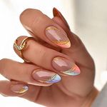 JUSTOTRY 24 Pcs Coloured Swirl Almond Short False Nails,Rainbow Press on Nails Pattern,Glossy French Fake Nails Short,Oval Stick on Nails for Women and Teens,Medium Glue on Nails for Nails Art