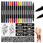 Oiomniv Temporary Tattoo Markers for Skin,15 PCS Tattoo Pens Body Markers Dual-End for Kids Adults, 62 Tattoo Stencils 2 Tattoos Stickers, Glitter Matte Face Paint Markers Kits, Skin Safe