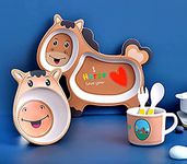 Nizomi Bamboo Dinner Set for Kids Eco Friendly Dishwasher Safe Plate Bowl Cup Spoons and Forks Set Unbreakable Baby Feeding Horse Animal Shape Reusable Enjoy Pasta Noodle Soup Ice Cream (Horse)