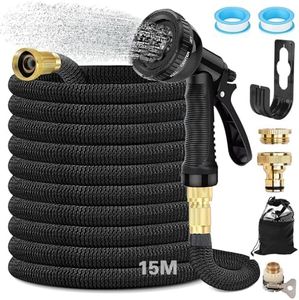 Tuyau Arrosage Extensible 15 m, Tuyau D'arrosage Flexible Avec Raccord en Laiton 3/4' et 1/2', Tête de Pulvérisation avec 8 Fonctions, avec Sac de Rangement, pour Jardin, Camping-Car