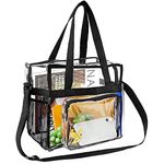 M MUNCASO Clear Tote Bag, Large Toiletry Bag Clear Crossbody Makeup Bag Waterproof Transparent PVC Bag with Adjustable Shoulder Strap and Zipper Closure Perfect for Work, Sports Games, Concert (Black)