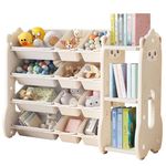 Kids Bookshelf with Toy Organizers and Storage, Multi-Purpose 4-Tier Toy Shelf, 12 Storage Bins to Organize Books Toys,Toddler Bookcase for Playroom, Bedroom, Daycare, Nursery (White)