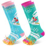 GRPSKCOS Kids Ski Socks, 2 Pairs Warm Thick Snow Socks for Boys Girls Toddler Winter Skiing Snowboarding(#2 Sky Blue + Lake Blue- 2 Pairs, 7-12 Years)