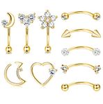 Adramata 10Pcs 16G Stainless Steel Rook Daith Earrings for Women Belly Lip Ring Cartilage Tragus CZ Body Piercing Curved Barbell Eyebrow Rings 6-8mm