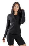 90 Degree By Reflex Womens High Neck Ribbed Performance Spring Jacket with Thumbholes, Black, Medium