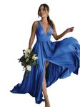 Fatapaese Women's High Stretch Evening Dress V Neck Sleeveless Long Split Maternity Wedding Guest Dress Royal Blue L