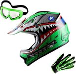 WOW Updated Youth Motocross Helmet Kids Motorcycle Bike Helmet Shark Green + Goggles + Skeleton Green Glove Bundle