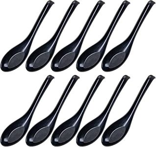 MIZOXY 10-Piece Set of Black Soup Spoons - Versatile Japanese, Chinese, and Asian Style Spoons for Soups, Rice, Wontons, Ramen, Pho - Ideal for Restaurants, Home, Hotels, and Food Shops