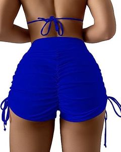 HYTENSUN Women's High Waisted V Cut Swim Shorts Ruched Board Shorts Tie Side Swimsuit Bottoms Blue