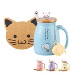 Kawaii Tea Cup with Infuser Cat Mug Ceramic Coffee Mugs Cute Mugs with Lid Spoon Gifts for Cat Loves (Blue)