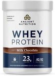 Ancient Nutrition Grass Fed Whey Protein, Milk Chocolate, 23g Protein, 20 Servings, Hydrolyzed Collagen Peptides, Organic Regenerative A2/A2 Milk Protein