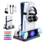 FYOUNG All in One Cooling Stand & Charger Station for PS5/Slim/Pro Console and Controller Charing Dock, Charging Stand for PlayStation Portal, Headset and Remote Holder with RGB Light Stand (Black)
