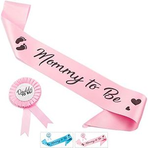 CORRURE Baby Shower Sash and Button Pin for Girl - 'Mommy to Be' Sash and 'Daddy to Be' Pin with Beautiful Pink Ribbon and Black Foil Text - Ideal Mom and Dad Gender Reveal/Baby Shower