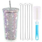 Studded Bling Diamond Tumbler Glitter Water Bottle with Lid Stainless Steel Vacuum Thermal Straw Tumbler Rhinestone Tumbler with 1 Pcs Cup Brush 6 Pcs Straw Brushes for Women(AB Color,16.9 oz)