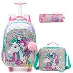 Egchescebo Kids Rolling Backpack for Girls Unicorn with Braids Suitcases Trolley Roller Luggage Backpacks Wheels with Lunch Box Pencil Case for Elementary Multiple Compartment Pocket School Bag Pink