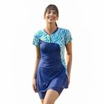 ROVARS Spandex One Piece Swimming Costume for Women I Removable Pads I Half Sleeves I Half Length I Front Zipper (Navy, L)
