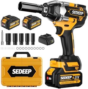 Sedeep Impact Wrench 1/2 Inch, High Torque Impact Gun with 1500N·m(1100 Ft-lbs), 21V Brushless Electric Impact Wrench with 2 * 40Ah Battery, 5 Sockets for Car/Mower/Pickup/Truck RV（Amber yellow）