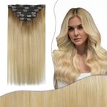 fshine Ombre Clip in Hair Extensions Human Hair 16 Inch Chocolate Brown to Honey Blonde and Platinum Blonde Hair Extensions Clip in Remy Human Hair Thick Clip in Hair Extensions 135g 7 Pieces