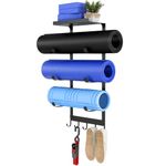 LSK Yoga Mat Holder Wall Mount, Black Yoga Mats Storage Rack, Home Gym Storage with Metal Floating Shelf for Storing Fitness, Yoga Mat Rack with 5 Hooks for Hanging Foam Rollers and Resistance Bands