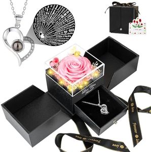 FOCIE Preserved Pink Real Rose with I Love You Necklace - Eternal Flowers Rose Gifts for Mom, Grandma, Wife, Girlfriend - Christmas, Birthday, Anniversary