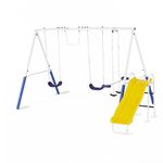 XDP Recreation Blue Ridge Backyard Playground Set Sturdy Metal A Frame Swing with Chain Covers, Glider, Trapeze, 2 Swings, and Slide, Multicolor