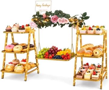 QDXIW Metal 3 Tier Cupcake Stand with Fairy Lights, Flower Garland,Gold