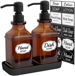 LMQML Soap Dispenser - 2 Pack, Antique Design Thick Amber Glass Hand Soap Dispensers with Sturdy Tray; 304 Rust Proof Stainless Steel Black Pump, 12Pcs Stickers, for Kitchen, Bathroom- Black