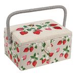 Hobby Gift Medium Sewing Box Organiser with Handle - Cotton Basket Sewing Storage Box, Craft Storage Boxes with Compartments for Tools & Accessories - 18.5 x 25.5 x 14.5cm, Embroidered Strawberries