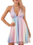 Women Summer Mini Sequin Sparkly Dress Deep V Neck Sleeveless Backless Tie up Halter Neck Skater Dress (A-Colorful 2, M)