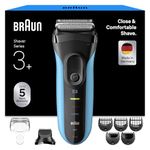 Braun Series 3+ Electric Shaver, 3010BT, Blue - Wet & Dry Razor for Men with Beard Trimmer Attachment, 3 Flexible Blades, 5 Combs, Efficiency MicroComb, Made in Germany, Includes Rechargeable Battery