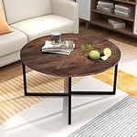 BOFENG Round Coffee Table Tea Table End Table Sofa Table for Living Room with Metal Legs, Black+Brown oak