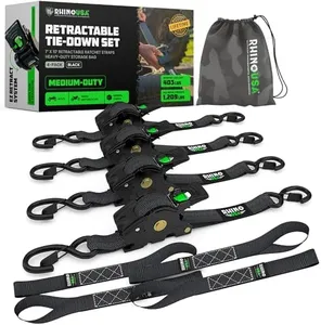 Rhino USA Retractable Ratchet Straps (4-Pack) - 1 Inch x 10 Feet (1,209lb Break Strength) - Heavy Duty Auto Self Retracting Tie Down Straps for Truck, Cargo Trailer, Motorcycle, Rad & More - Black