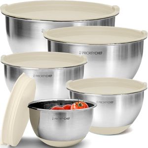 Priority Chef Premium Mixing Bowls With Lids Set, Airtight Lids, Thicker Stainless Steel, Non-Slip Base, 5 Nesting Steel Bowls for Kitchen, Large Prep Metal Bowl Set 1.5/2/3/4/5 Qt, Khaki