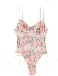 Lilosy Women Sexy Lace Up Floral Embroidered Teddy Lingerie Bodysuit Top Mesh Sheer One Piece, Butterfly Pink, Small